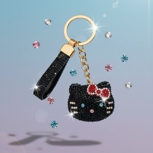 Black and Red Cat Keychain with Gold Accents